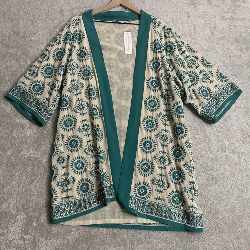 Soft Surroundings Kimono Le Parc Topper S/M Teal Mirror Embroidery New $200